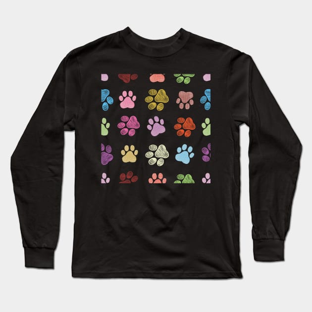 Colorful doodle new paw print seamless fabric design black background Long Sleeve T-Shirt by GULSENGUNEL